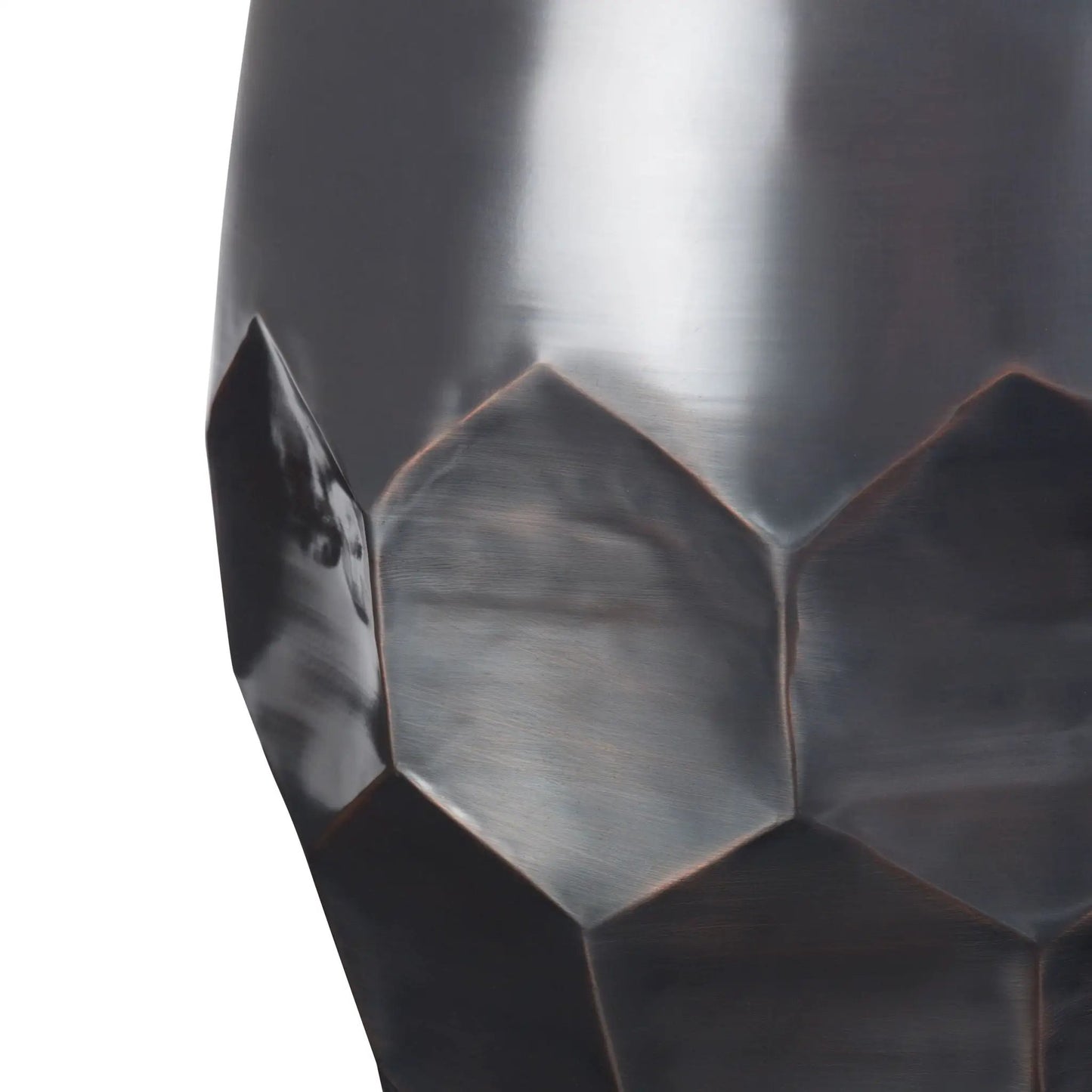 Flanigan hand crafted metal accent table with dark brushed steel and copper-toned facets on Tampa Home & Garden Store