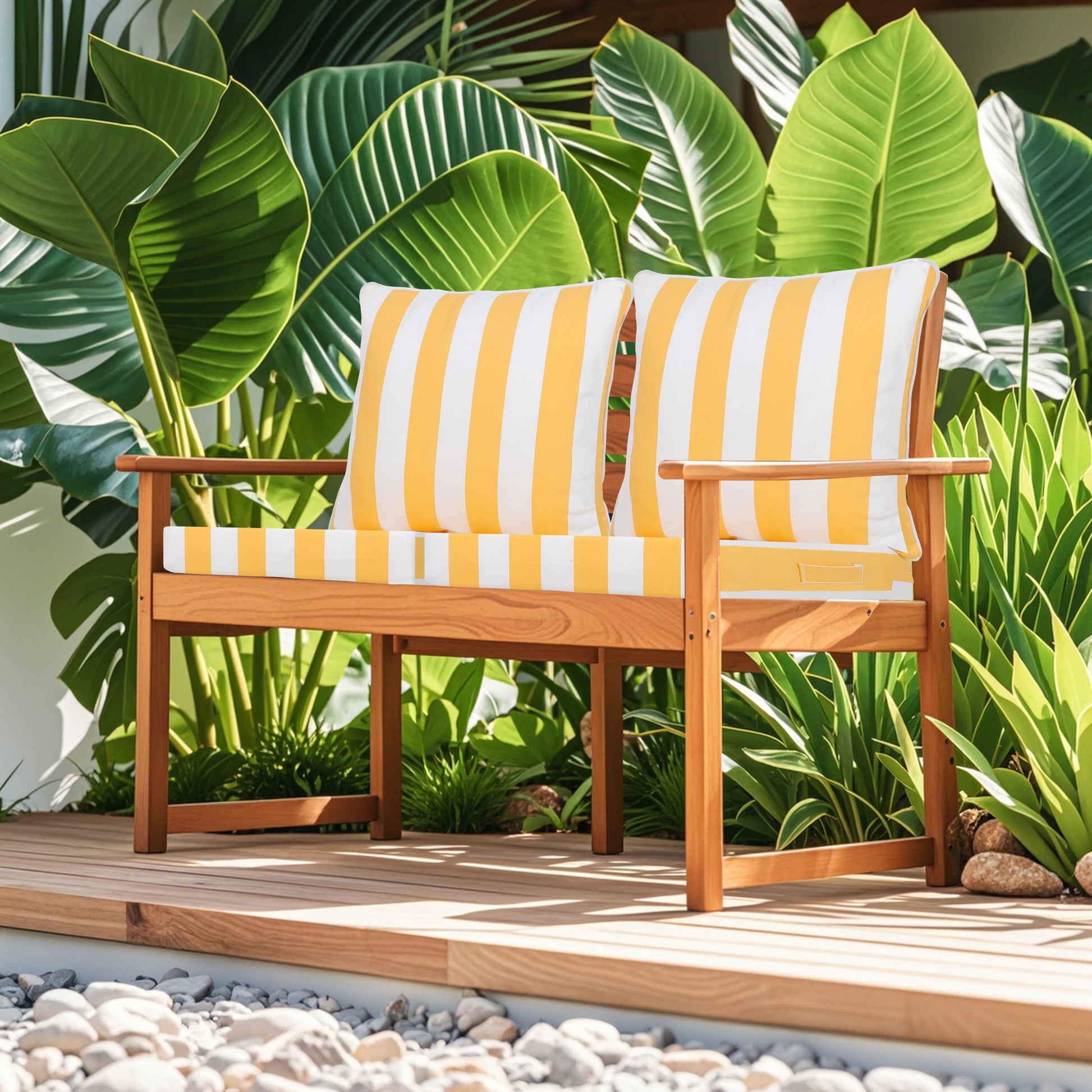 24x24 Outdoor Seat Cushion Set HouseOfZazla with yellow striped cushions on wooden chairs on Tampa Home & Garden Store