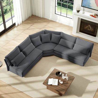 5-Seater L-shaped sectional sofa with curved corner, 7 pillows, charcoal gray ribbed fabric on Tampa Home & Garden Store