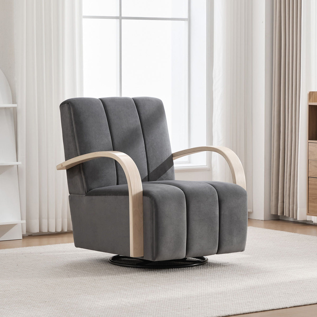 360° Swivel Accent Chair with Armrests in dark gray fabric, wood arms on Tampa Home & Garden Store