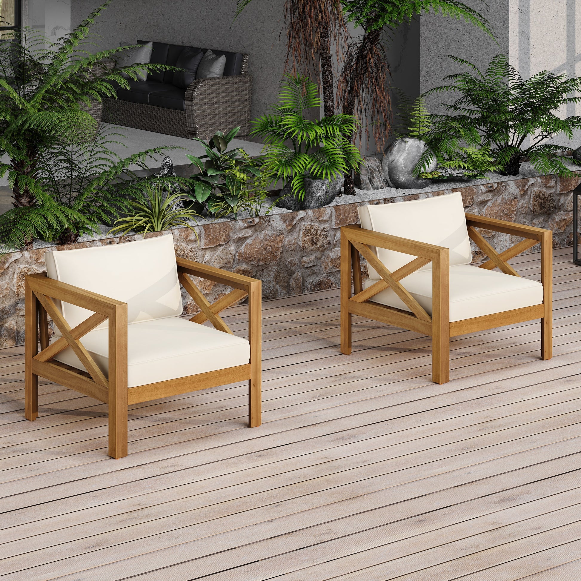 Outdoor Acacia Wood Club Armchairs with white cushions, set of 2 by HouseOfZazla, natural finish, on Tampa Home & Garden Store