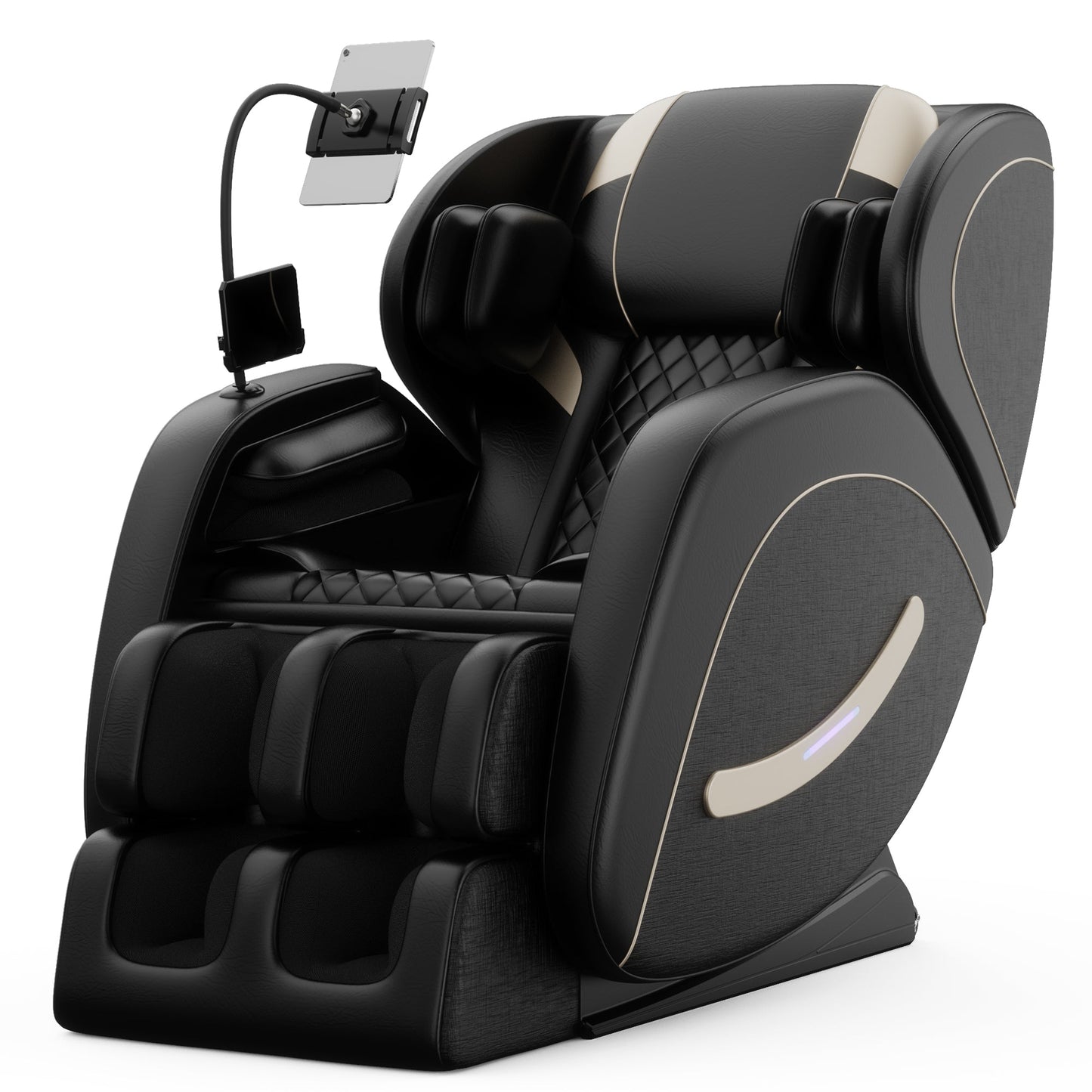 HouseOfZazla massage chair recliner with zero gravity and full body air pressure in black leather with beige piping on Tampa Home & Garden Store