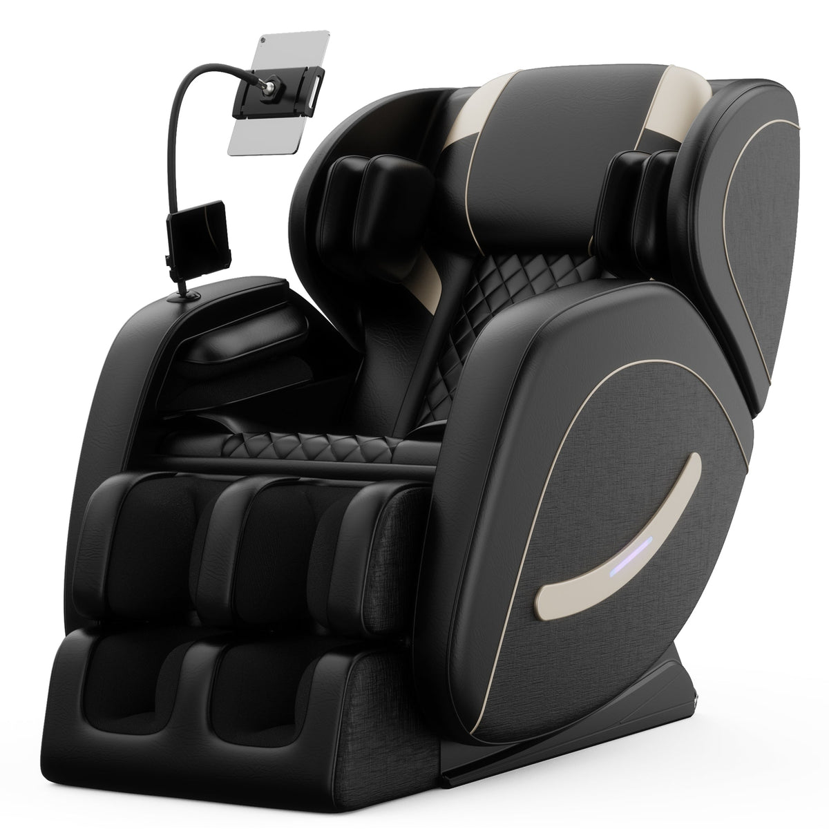 HouseOfZazla massage chair recliner with zero gravity and full body air pressure in black leather with beige piping on Tampa Home & Garden Store