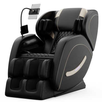 HouseOfZazla massage chair recliner with zero gravity and full body air pressure in black leather with beige piping on Tampa Home & Garden Store