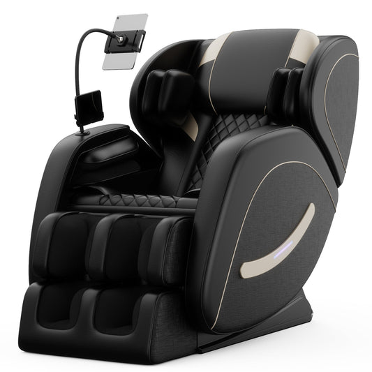 HouseOfZazla massage chair recliner with zero gravity and full body air pressure in black leather with beige piping on Tampa Home & Garden Store