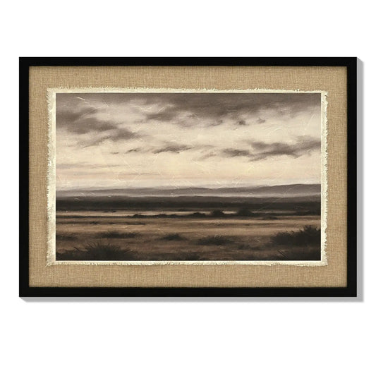 Framed vintage landscape print, large sepia wilderness scene with black frame and linen mat on Tampa Home & Garden Store