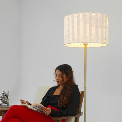 Viora Floor Lamp Gold with woven white shade, tall brass stem on Tampa Home & Garden Store