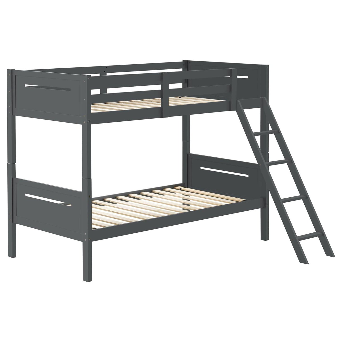 HouseOfZazla bunk bed with built-in ladder, angled access step and safety guardrails in dark gray on Tampa Home & Garden Store