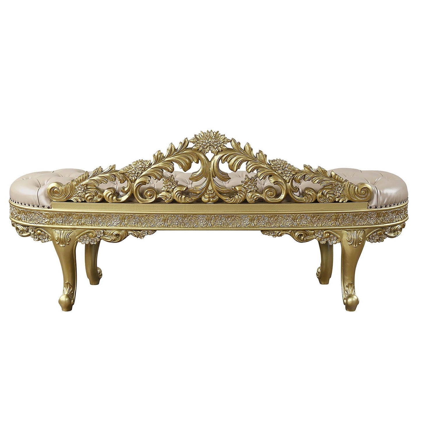 Gold cabriole bench in synthetic leather with tufted upholstery and ornate floral carving on Tampa Home & Garden Store