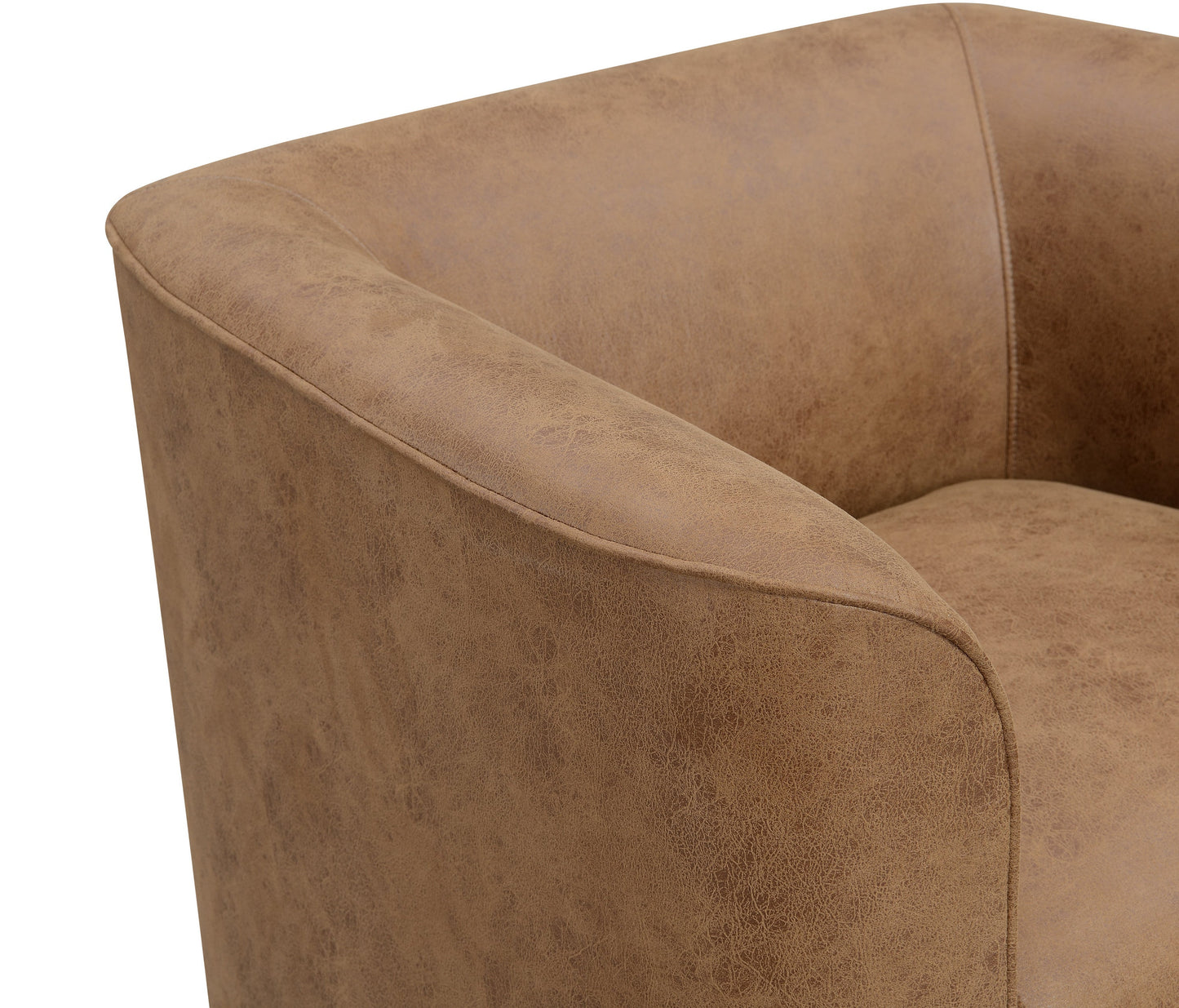 Brown Swivel Accent Chair by HouseOfZazla in distressed tan leather, close-up of arm and seam on Tampa Home & Garden Store