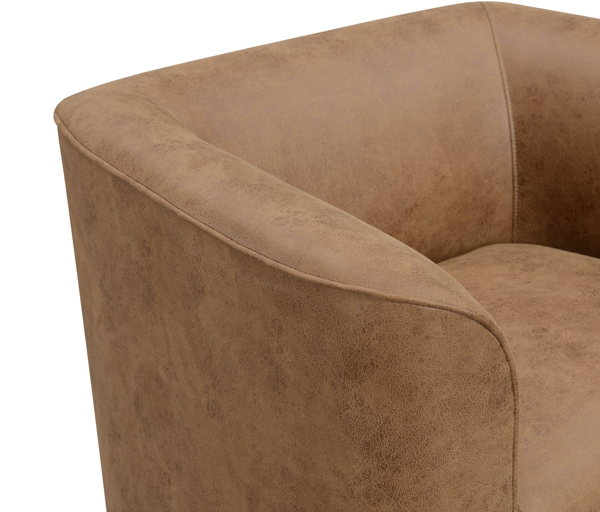 Brown Swivel Accent Chair by HouseOfZazla in distressed tan leather, close-up of arm and seam on Tampa Home & Garden Store
