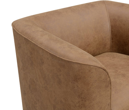 Brown Swivel Accent Chair by HouseOfZazla in distressed tan leather, close-up of arm and seam on Tampa Home & Garden Store