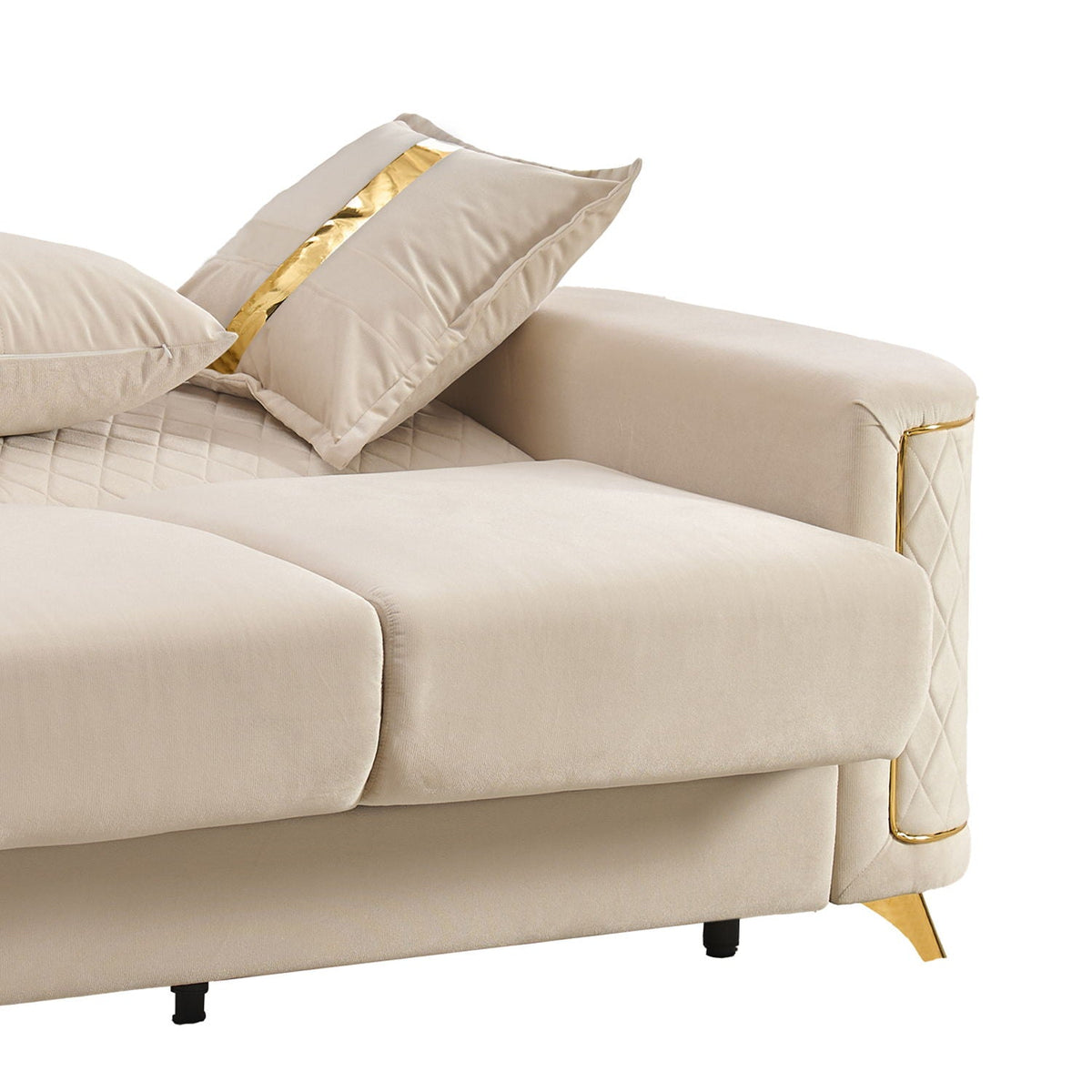Upholstered living room sofa beige with gold-tone legs and quilted side panels on Tampa Home & Garden Store