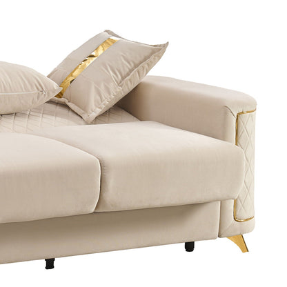 Upholstered living room sofa beige with gold-tone legs and quilted side panels on Tampa Home & Garden Store