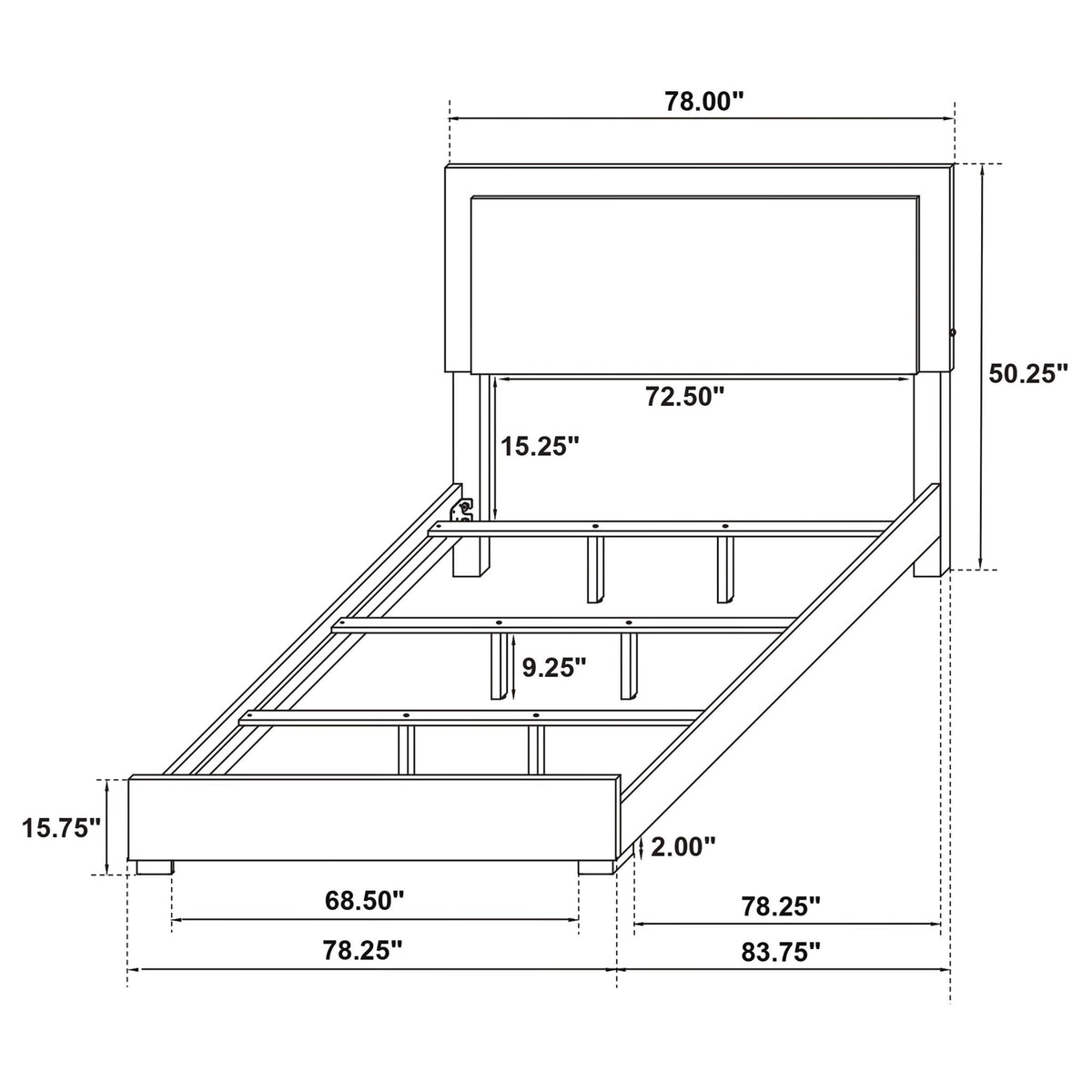Medici Eastern King LED Headboard Bed Black panel bed schematic with dimensions on Tampa Home & Garden Store