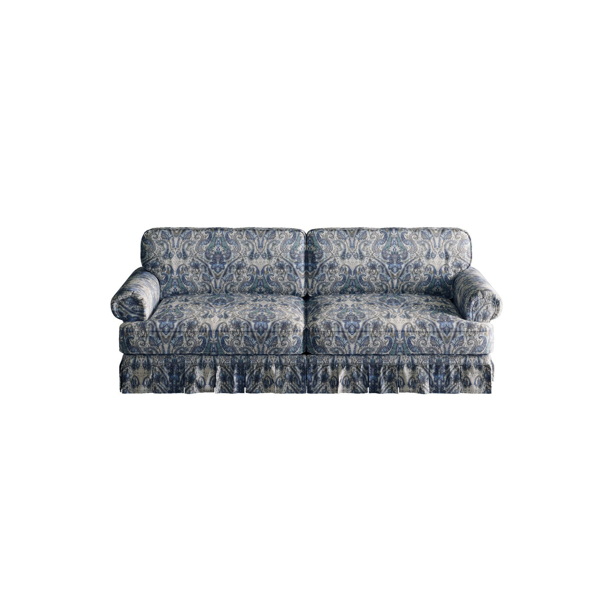 Comfortable Cloud Sofa by HouseOfZazla with rolled arms and skirt in blue-gray paisley fabric on Tampa Home & Garden Store