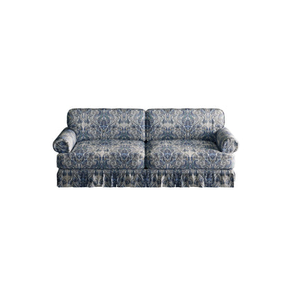 Comfortable Cloud Sofa by HouseOfZazla with rolled arms and skirt in blue-gray paisley fabric on Tampa Home & Garden Store
