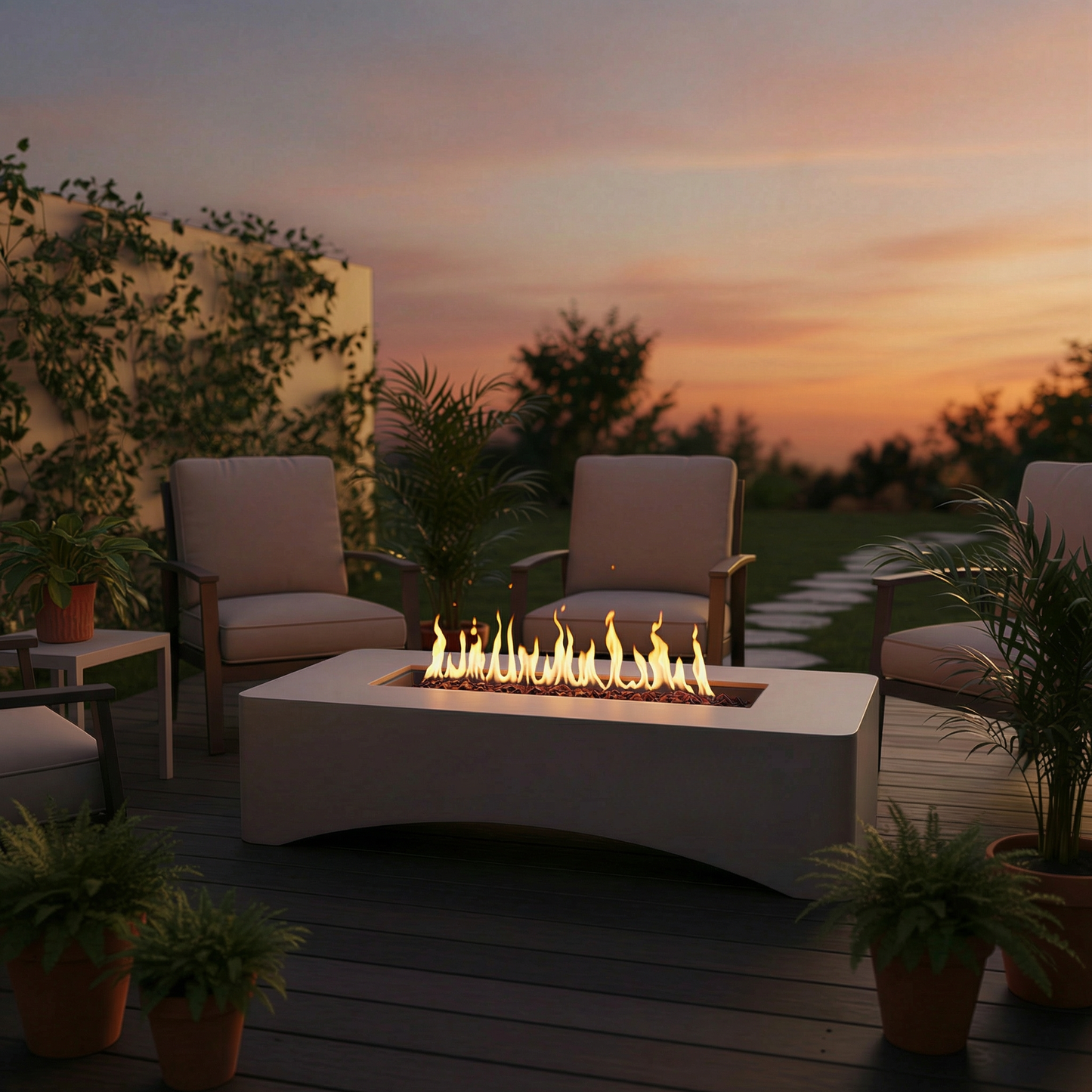 56' propane fire pit table gray rectangular outdoor gas pit with flames and patio lounge chairs on Tampa Home & Garden Store