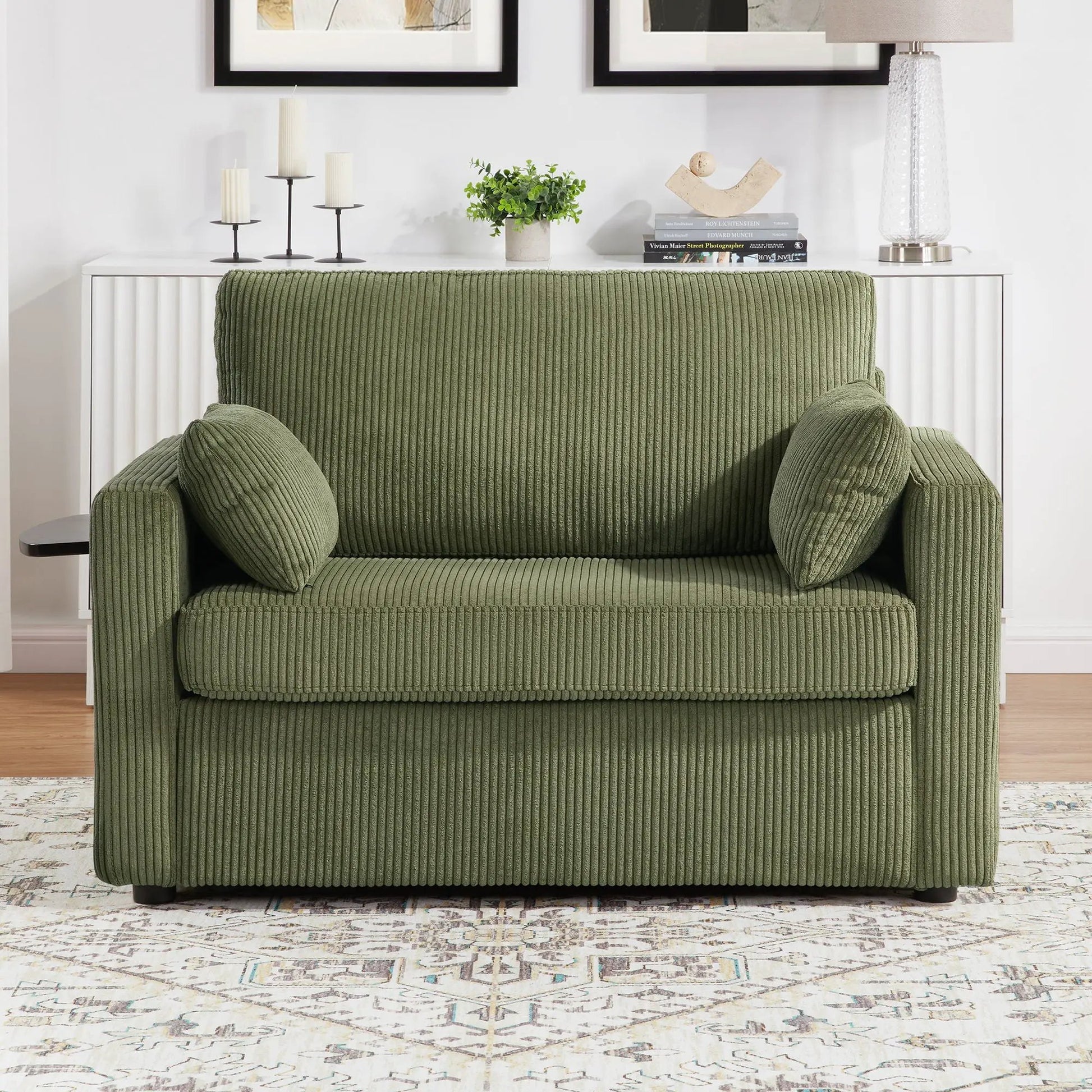Sleeper Sofa with green ribbed upholstery and attached side table on Tampa Home & Garden Store