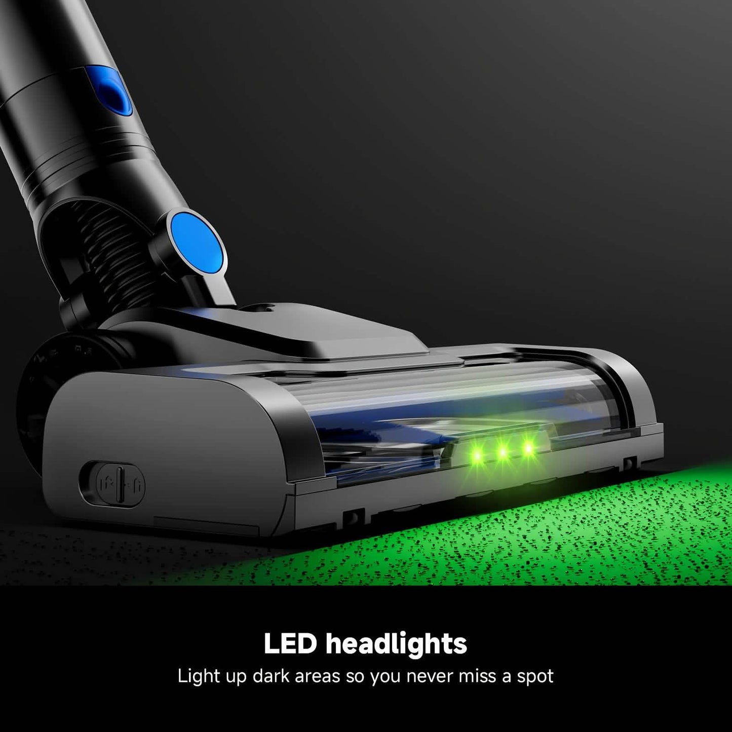 Cordless upright vacuum with LED headlights and blue joint accent on green carpet on Tampa Home & Garden Store