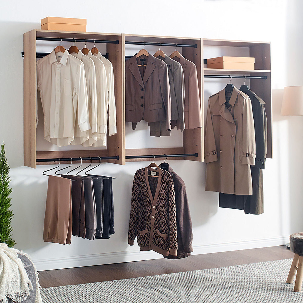 Wall mounted wood closet system modular triple wardrobes in light brown, clothes on rods on Tampa Home & Garden Store