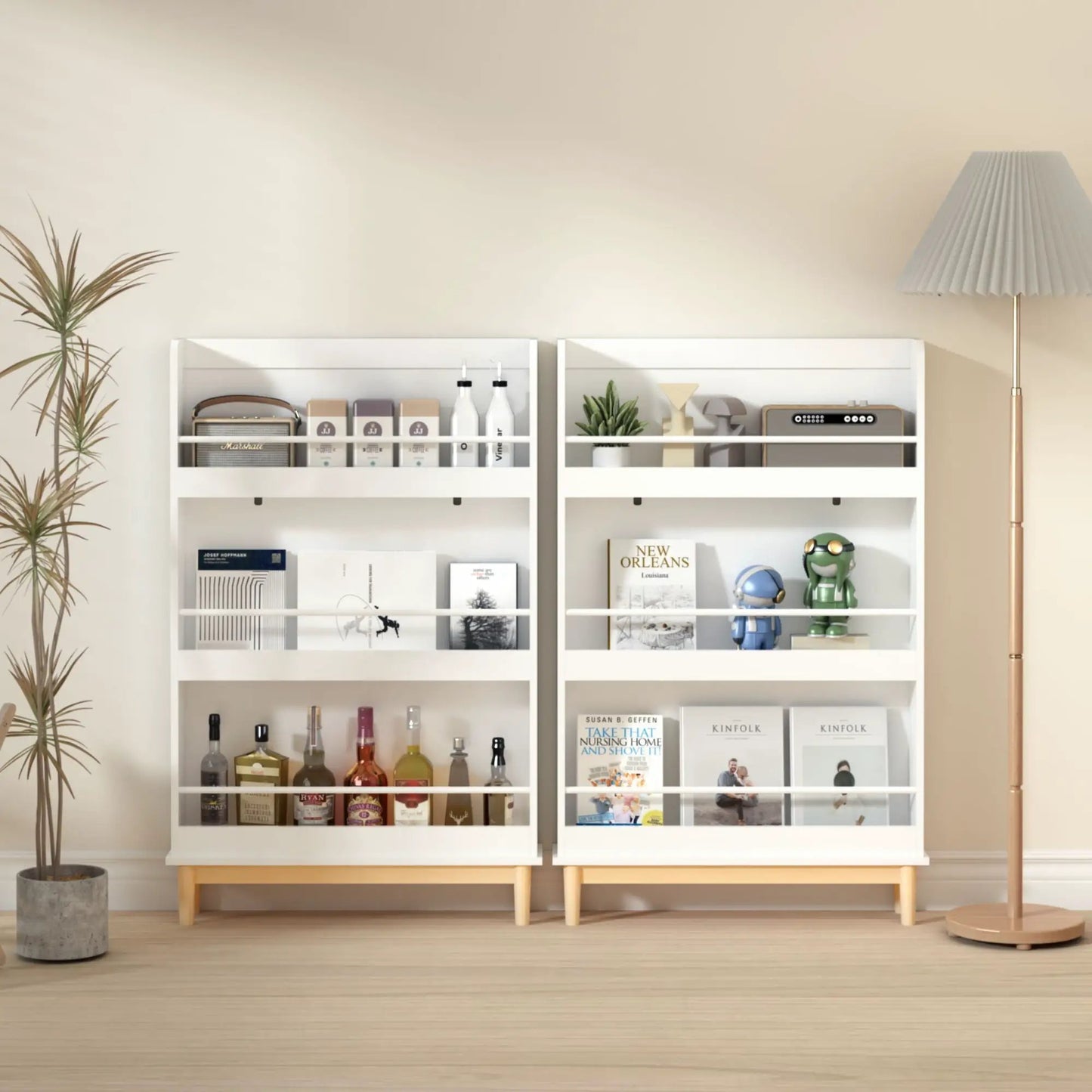 Pair of white wall-mounted bookshelves with 3 front-facing display shelves for toddler bedroom on Tampa Home & Garden Store