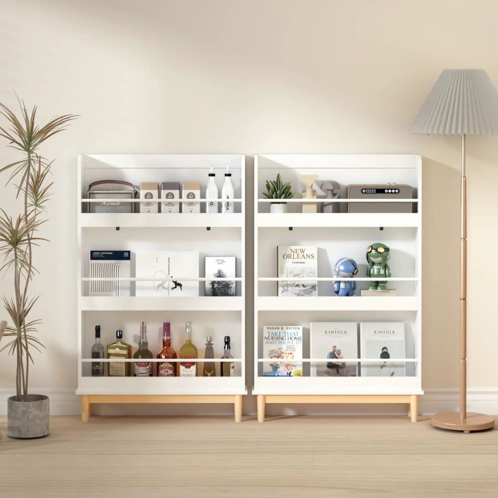 Pair of white wall-mounted bookshelves with 3 front-facing display shelves for toddler bedroom on Tampa Home & Garden Store