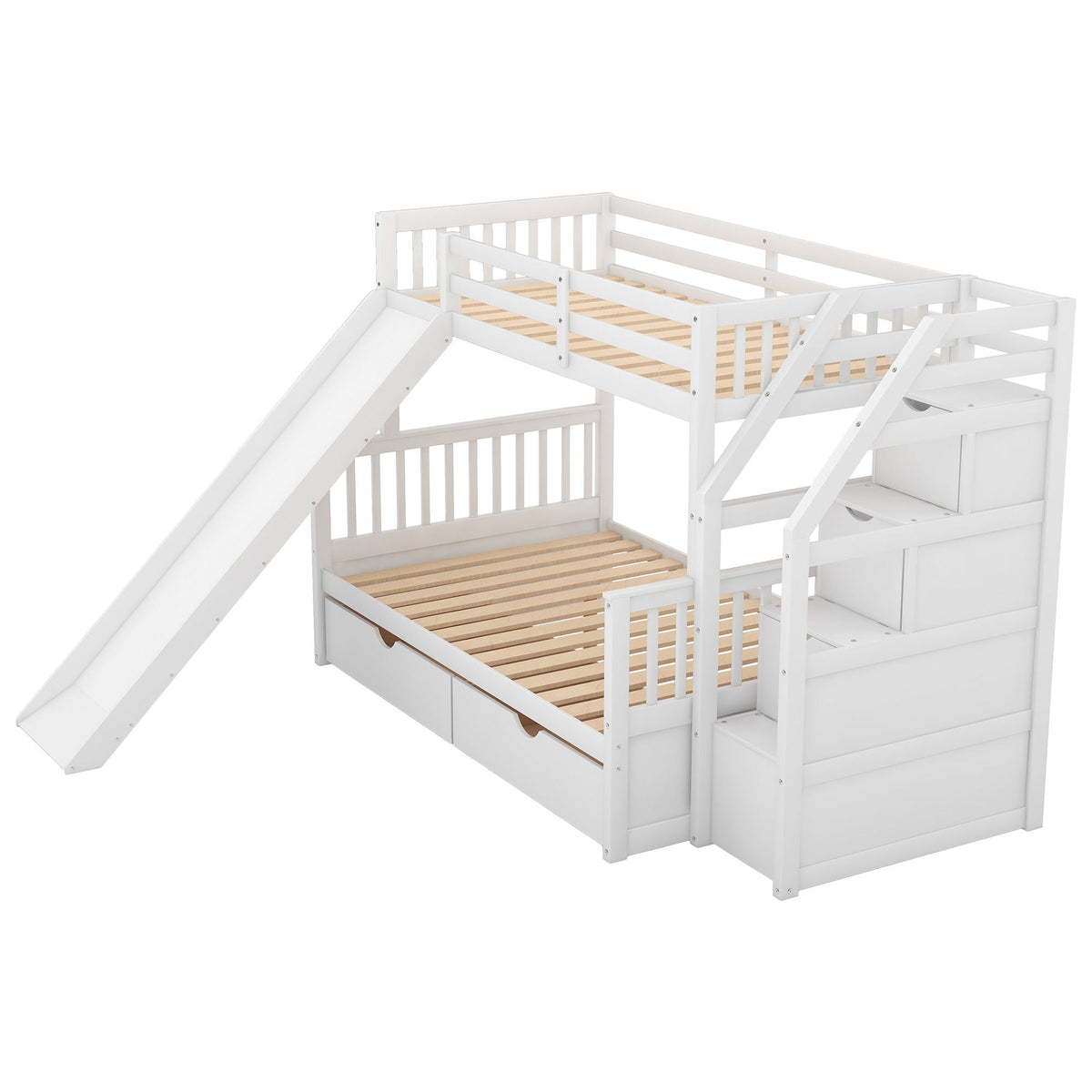 HouseOfZazla bunk bed with storage staircase, slide, desk and drawers in white finish on Tampa Home & Garden Store