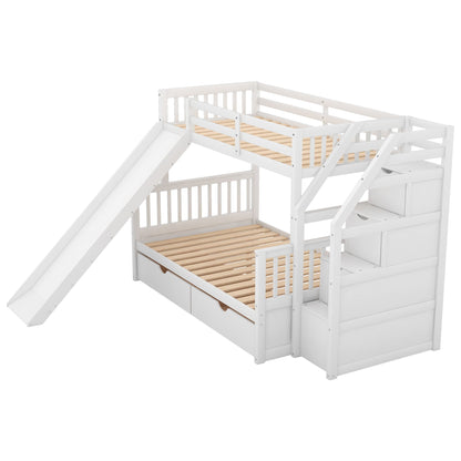 HouseOfZazla bunk bed with storage staircase, slide, desk and drawers in white finish on Tampa Home & Garden Store
