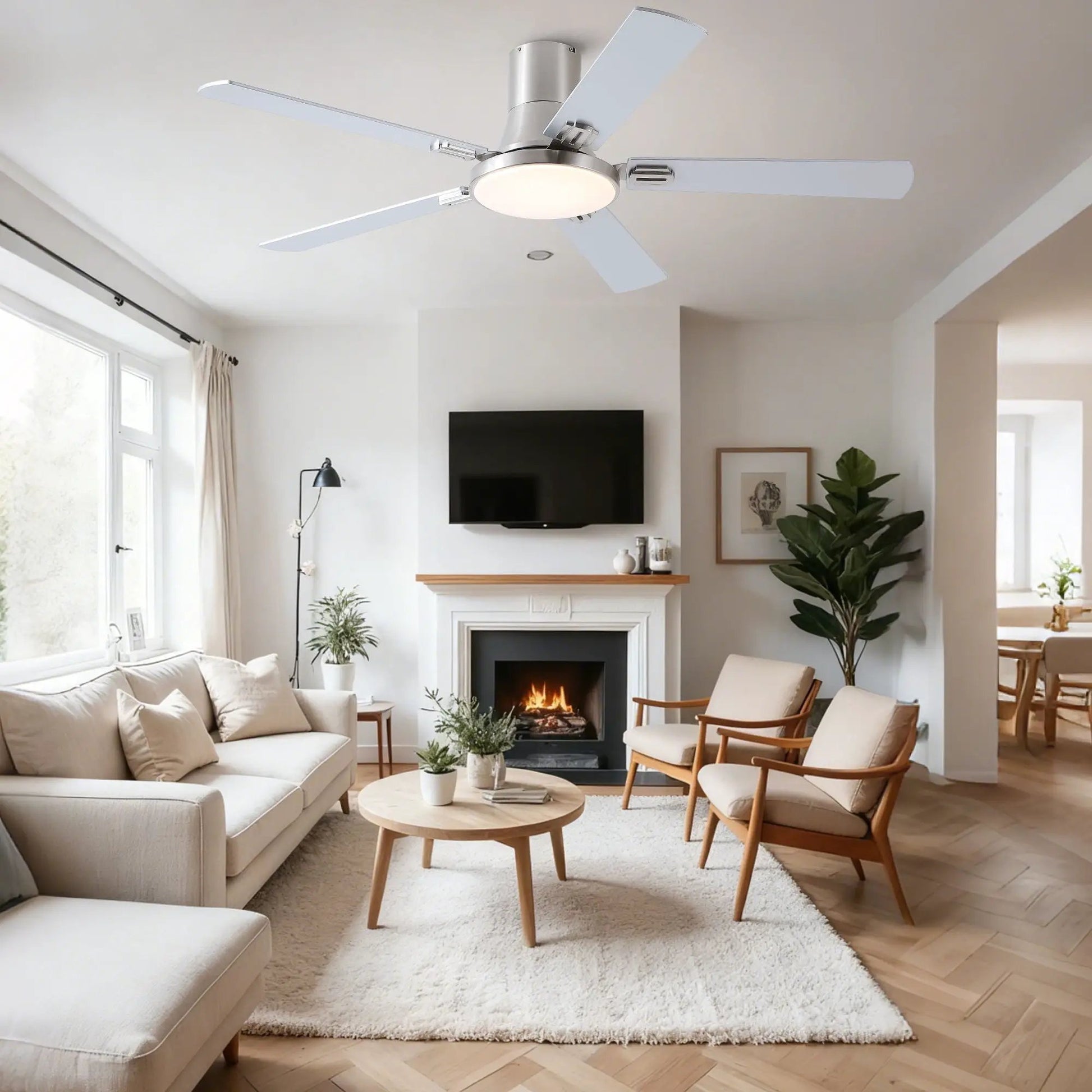 Flush mount ceiling fan with LED light and remote, five white blades in living room on Tampa Home & Garden Store