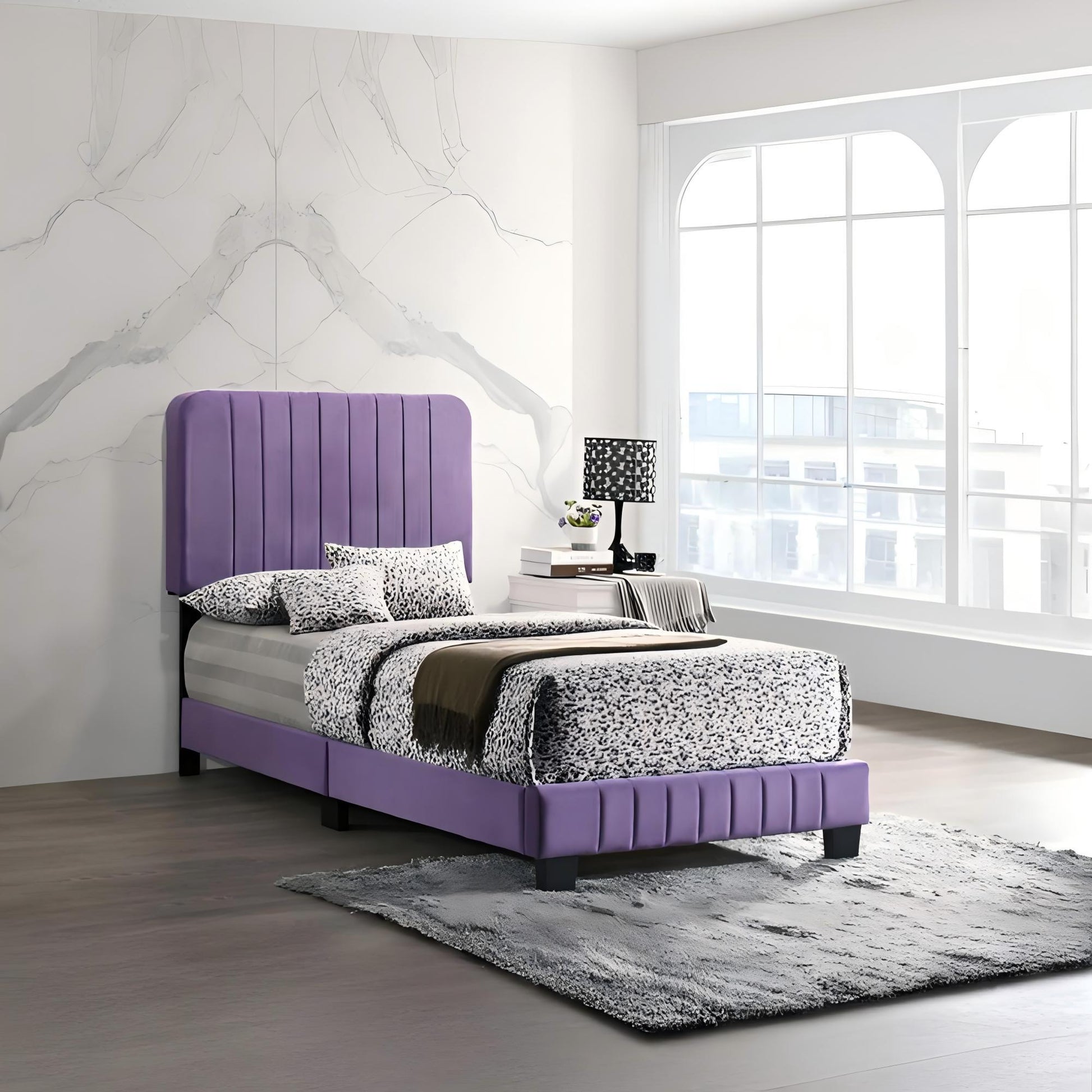 Channel Tufted Bed purple upholstered headboard by HouseOfZazla with low platform base on Tampa Home & Garden Store