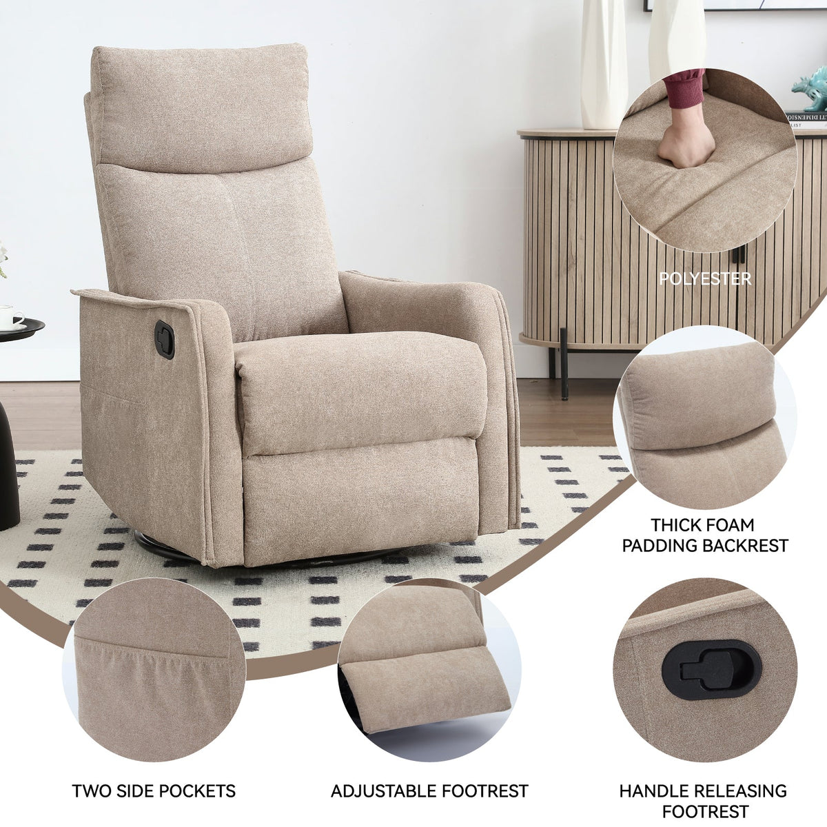 Heat massage manual khaki fabric recliner chair with rocker and swivel by HouseOfZazla on Tampa Home & Garden Store