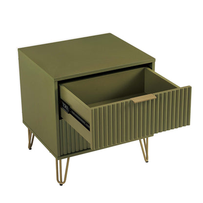 Dumbo Nightstand olive green with fluted fronts, 2 drawers, gold hairpin legs HouseOfZazla on Tampa Home & Garden Store