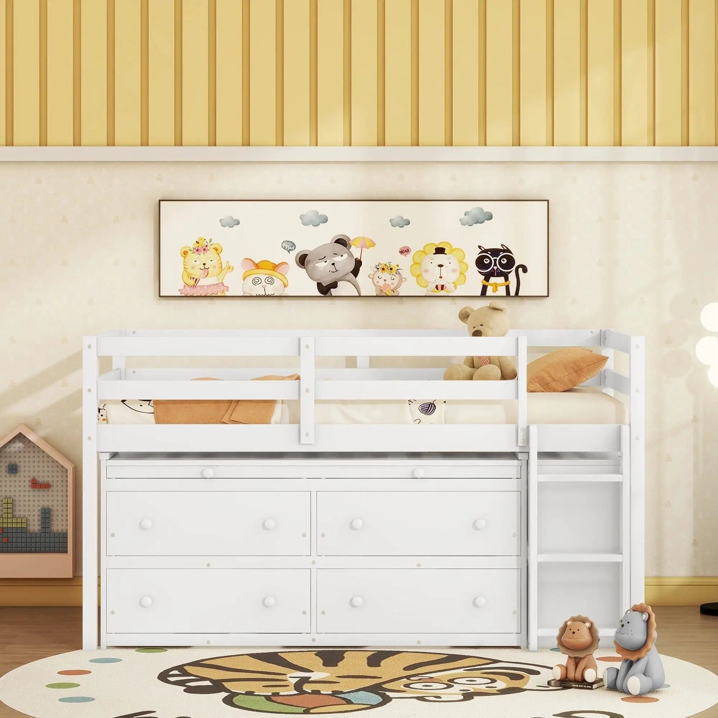 Loft Bed with Retractable Desk and 4 Drawers in white wood, lateral desk and shelves, kids room on Tampa Home & Garden Store