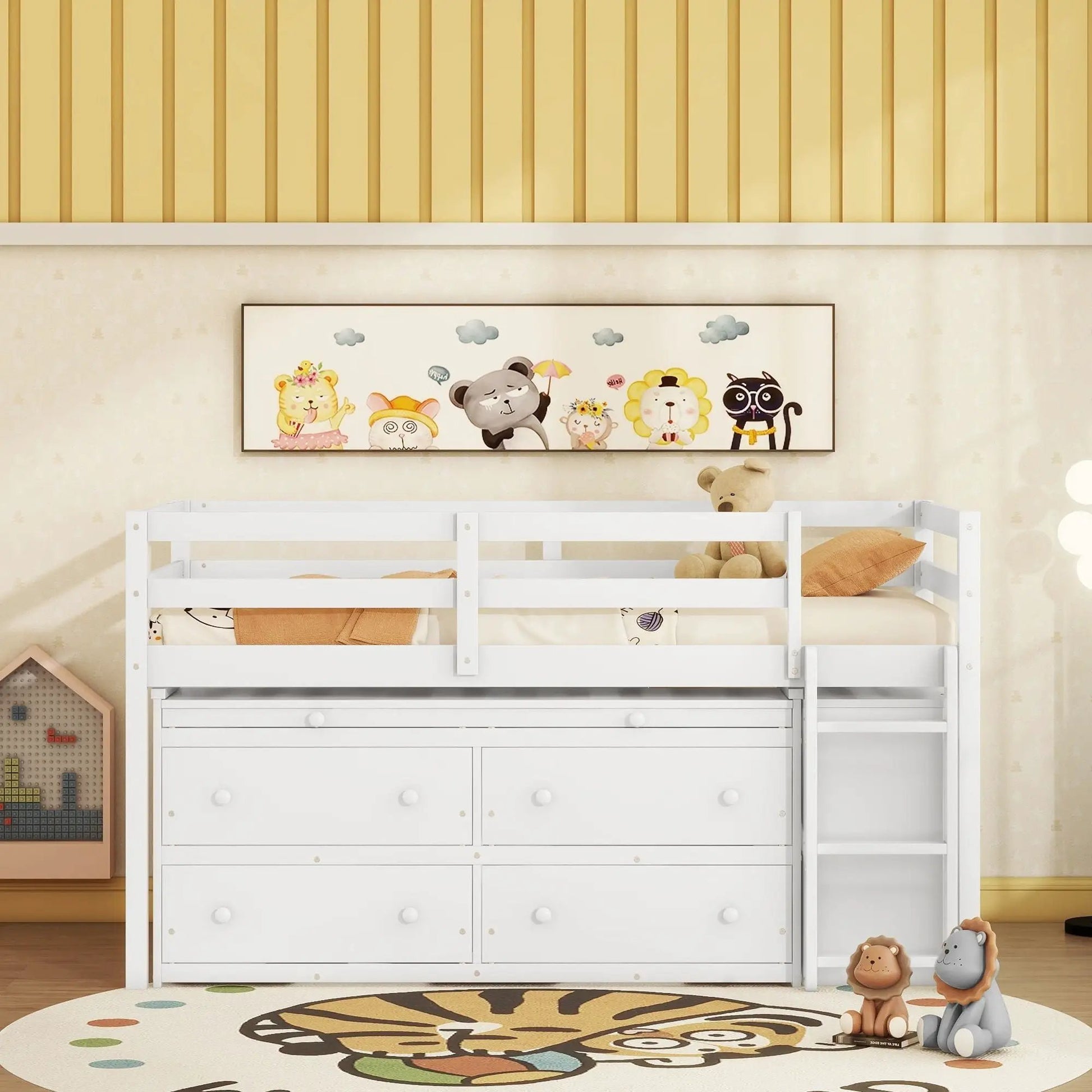 Loft Bed with Retractable Desk and 4 Drawers in white wood, lateral desk and shelves, kids room on Tampa Home & Garden Store