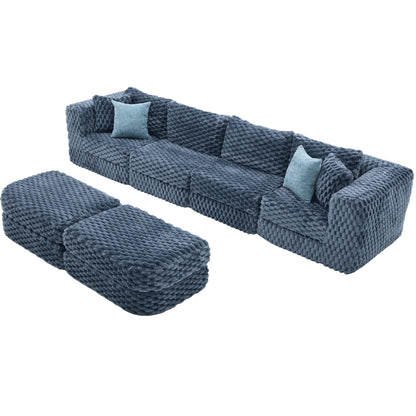 Modular sectional sofa boneless couch with 2 movable ottomans in blue knit upholstery on Tampa Home & Garden Store