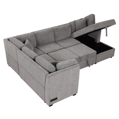 U-shaped pullout sleeper sectional with storage chaise in gray fabric and three back pillows on Tampa Home & Garden Store