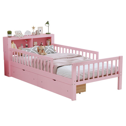 HouseOfZazla pink bed with headboard storage rack, 2 under-bed drawers, and 3 side guardrails for safety on Tampa Home & Garden Store