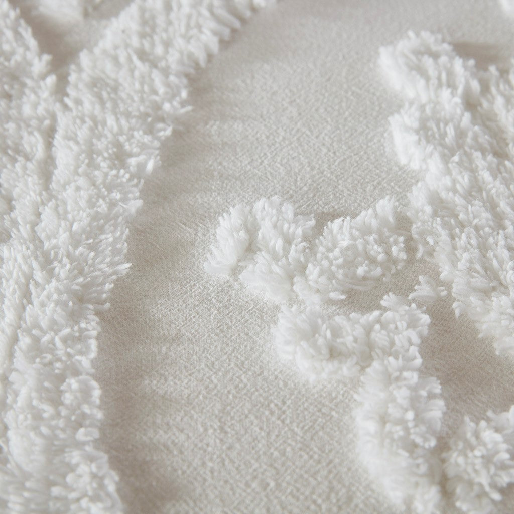 Three-piece off-white duvet cover set with tufted cotton chenille damask texture close-up on Tampa Home & Garden Store