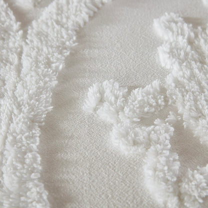 Three-piece off-white duvet cover set with tufted cotton chenille damask texture close-up on Tampa Home & Garden Store