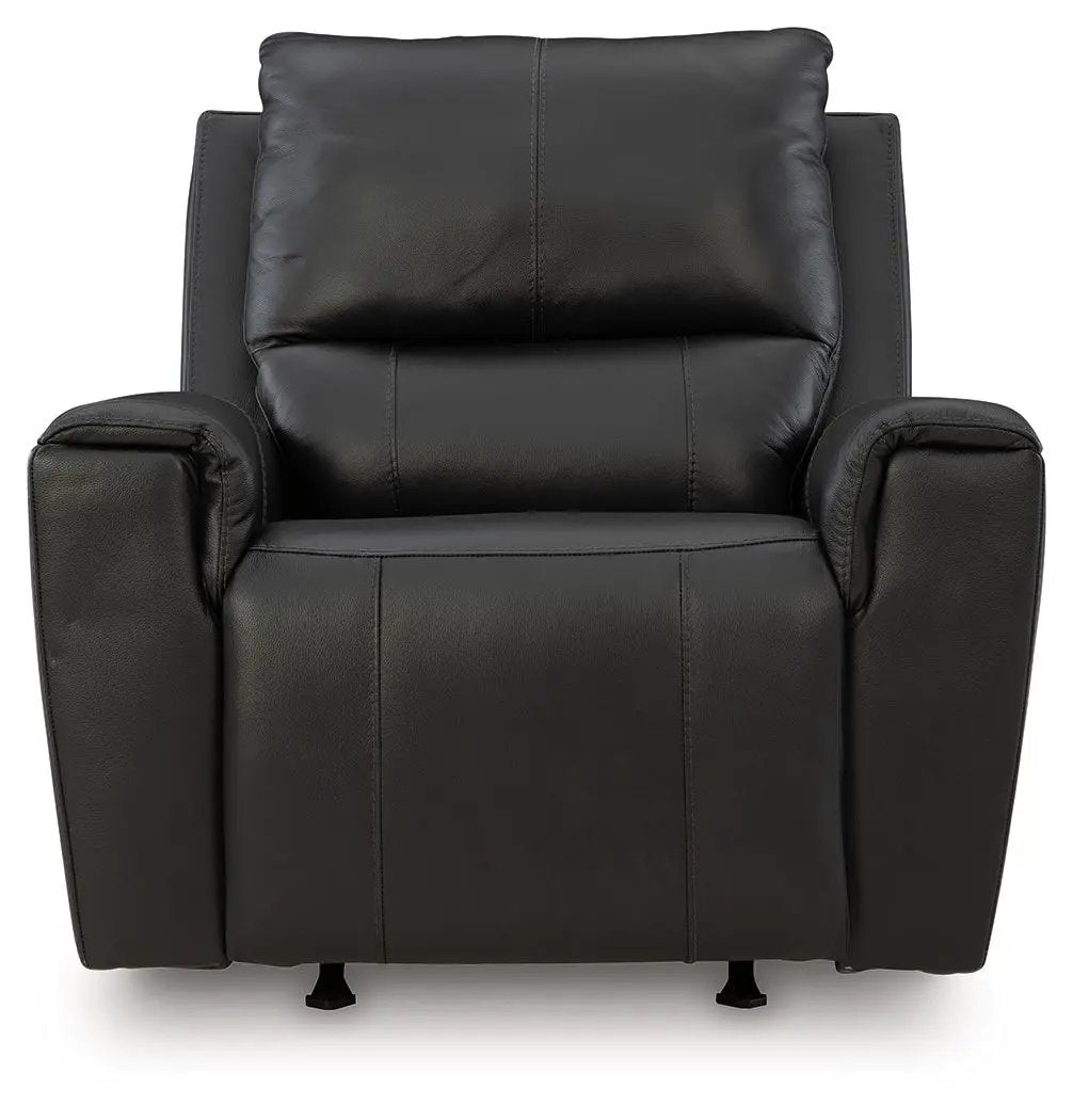 Glossmore Rocker Recliner in black leather with cushioned arms by Unique Piece Furniture on Tampa Home & Garden Store