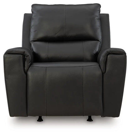 Glossmore Rocker Recliner in black leather with cushioned arms by Unique Piece Furniture on Tampa Home & Garden Store