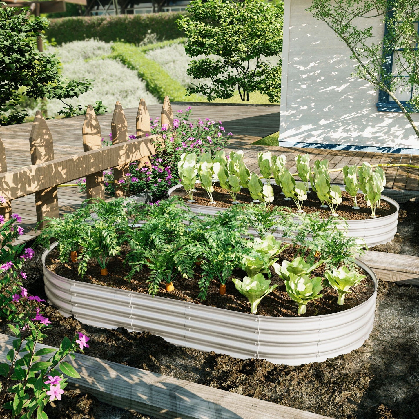 Heavy Duty Galvanized Raised Garden Bed Kit planters on a wooden deck with lettuce, herbs and purple flowers on Tampa Home & Garden Store
