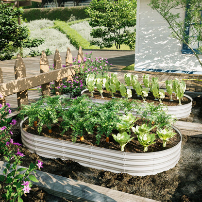 Heavy Duty Galvanized Raised Garden Bed Kit planters on a wooden deck with lettuce, herbs and purple flowers on Tampa Home & Garden Store