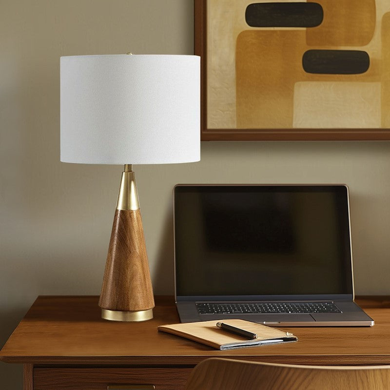 Triangular Table Lamp with wooden cone base and white fabric shade on Tampa Home & Garden Store