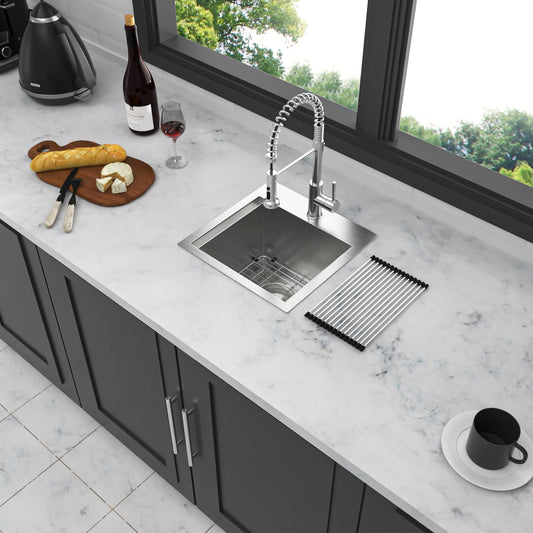 Drop-in kitchen sink workstation in brushed nickel with spring faucet and built-in draining rack on Tampa Home & Garden Store