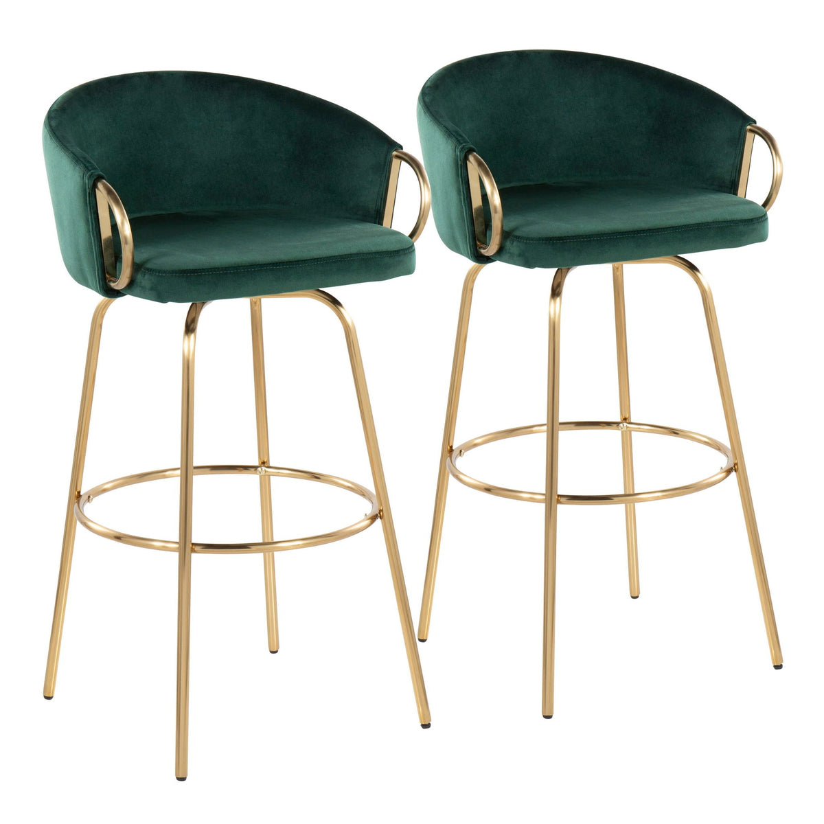 Claire Contemporary fixed-height bar stool set, pair in emerald velvet with round gold footrest on Tampa Home & Garden Store