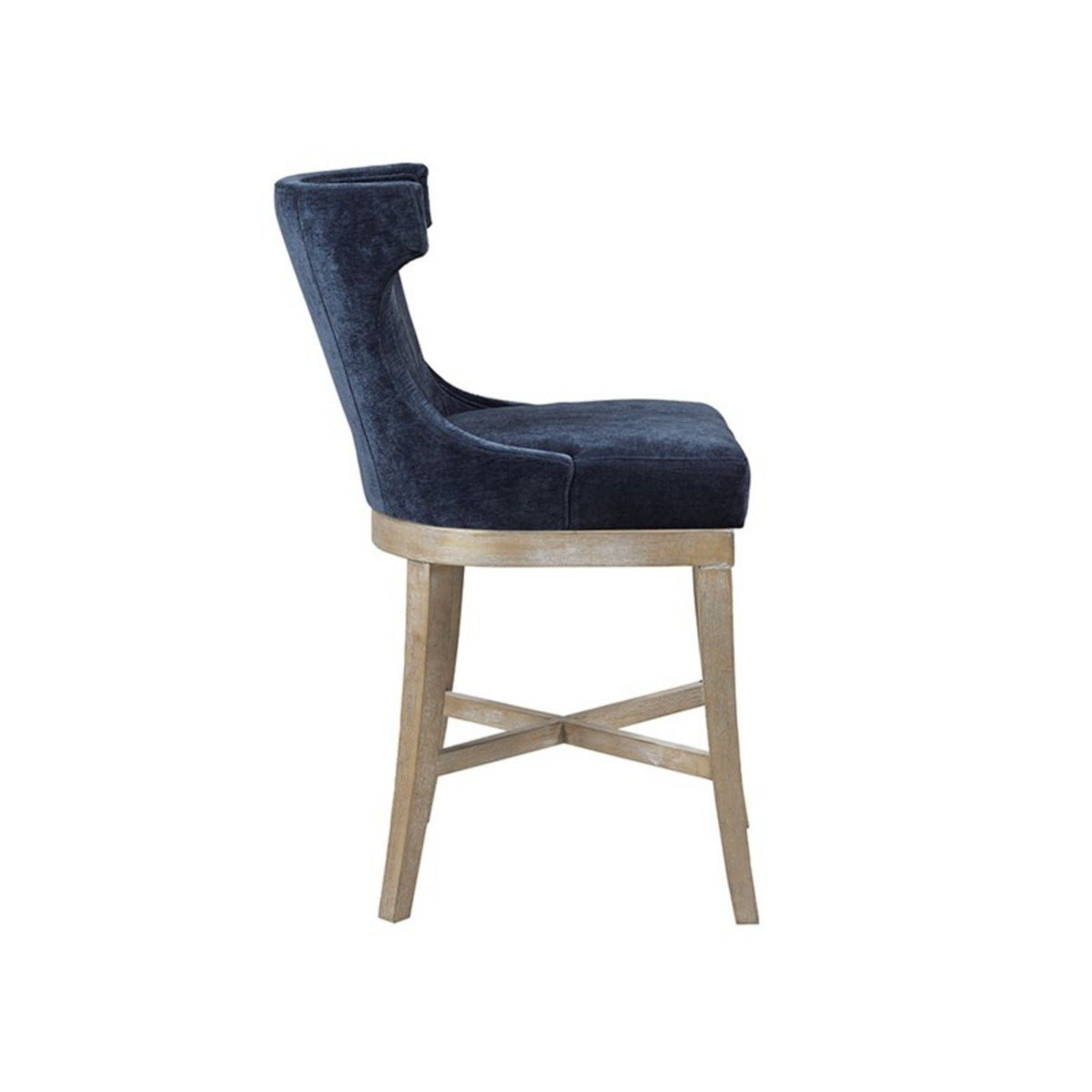 Carson Counter Stool with Swivel Seat, wingback, blue velvet upholstery, natural wood base on Tampa Home & Garden Store