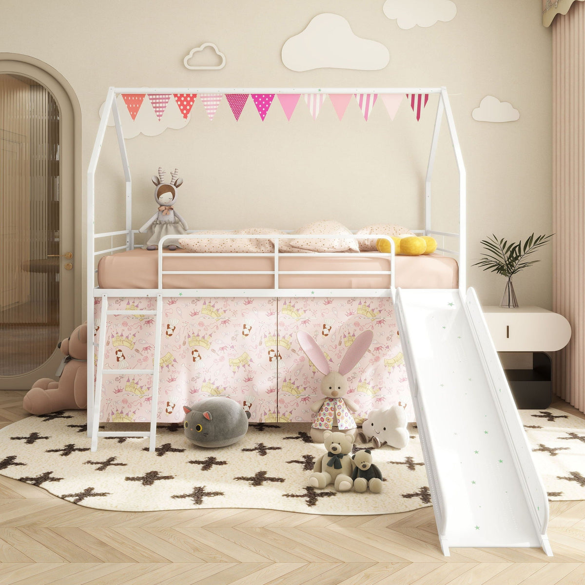 Jack House Loft Bed with Slide and Curtain Set, white frame, pink bedding, HouseOfZazla on Tampa Home & Garden Store