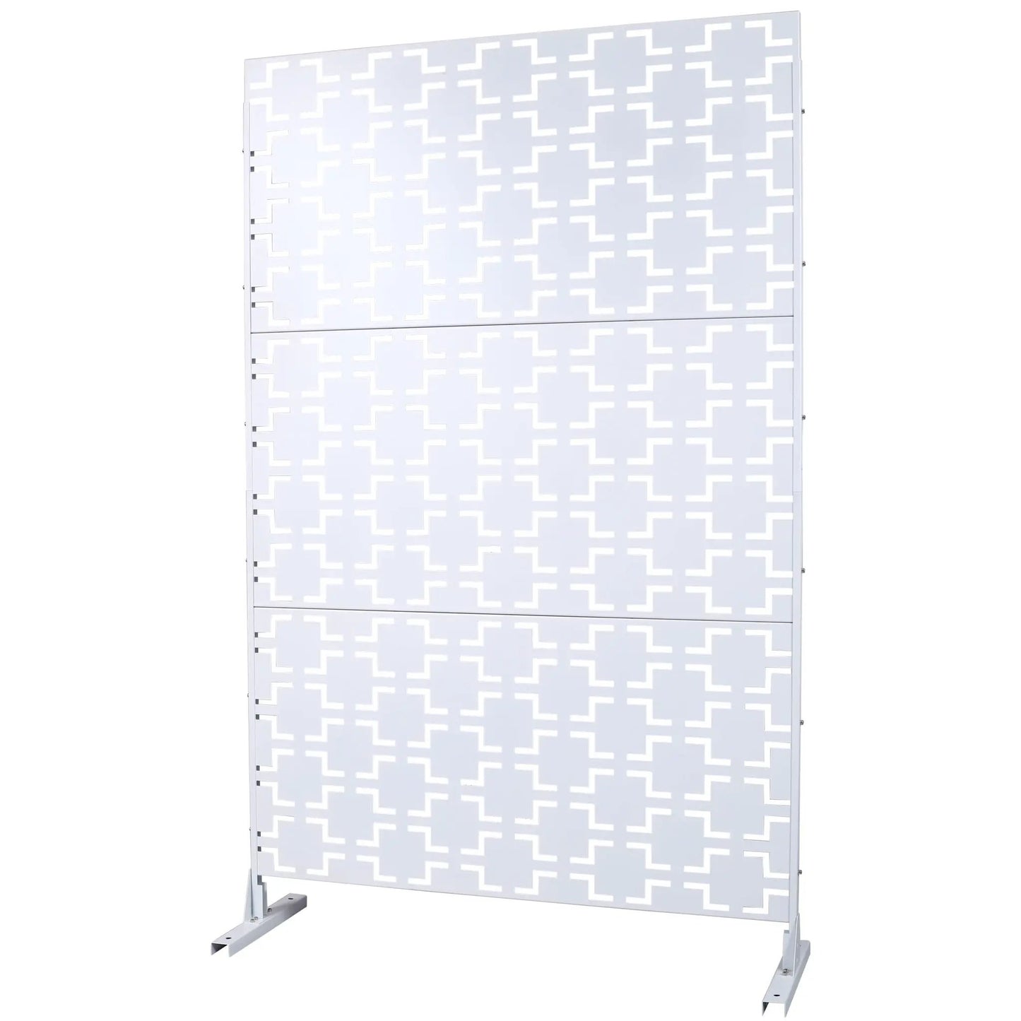Outdoor metal privacy screen with gray panels and white cutouts Unique Piece Furniture on Tampa Home & Garden Store
